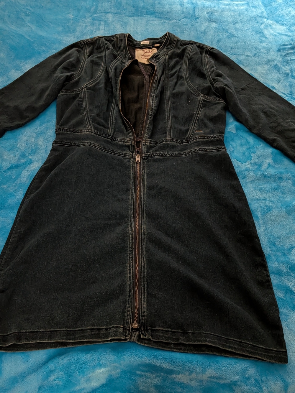 Triple Five Soul Black Denim Zip Front Long Sleeve Y2K Mini Dress